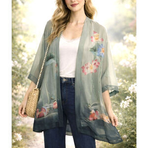 Simply Silk Cardigan Women's Size OS Floral Ducks Green Artsy Statement Piece